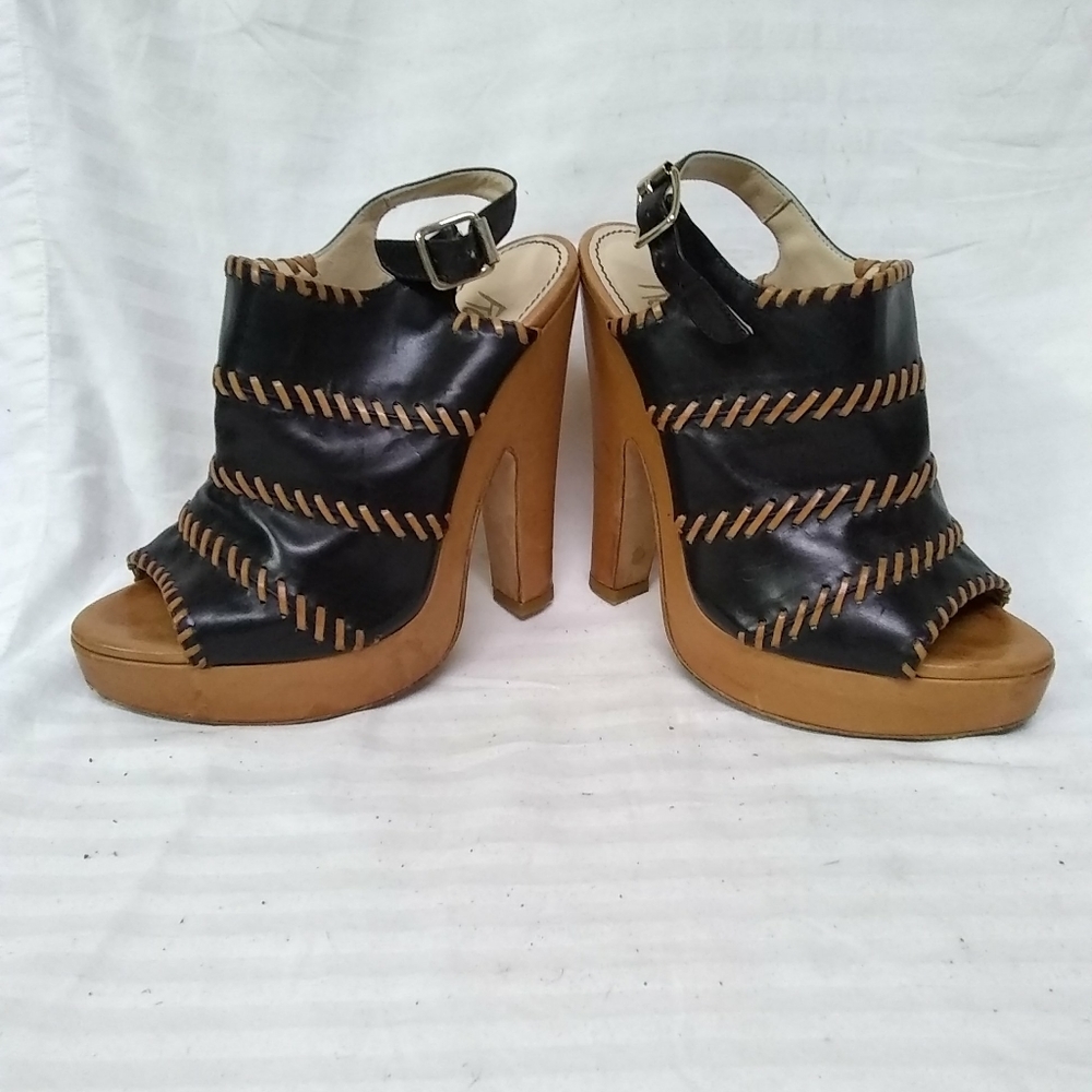 Jerome C. Rousseau Shoes Leather Slingback Black Heel Peep toe Sz 7.5